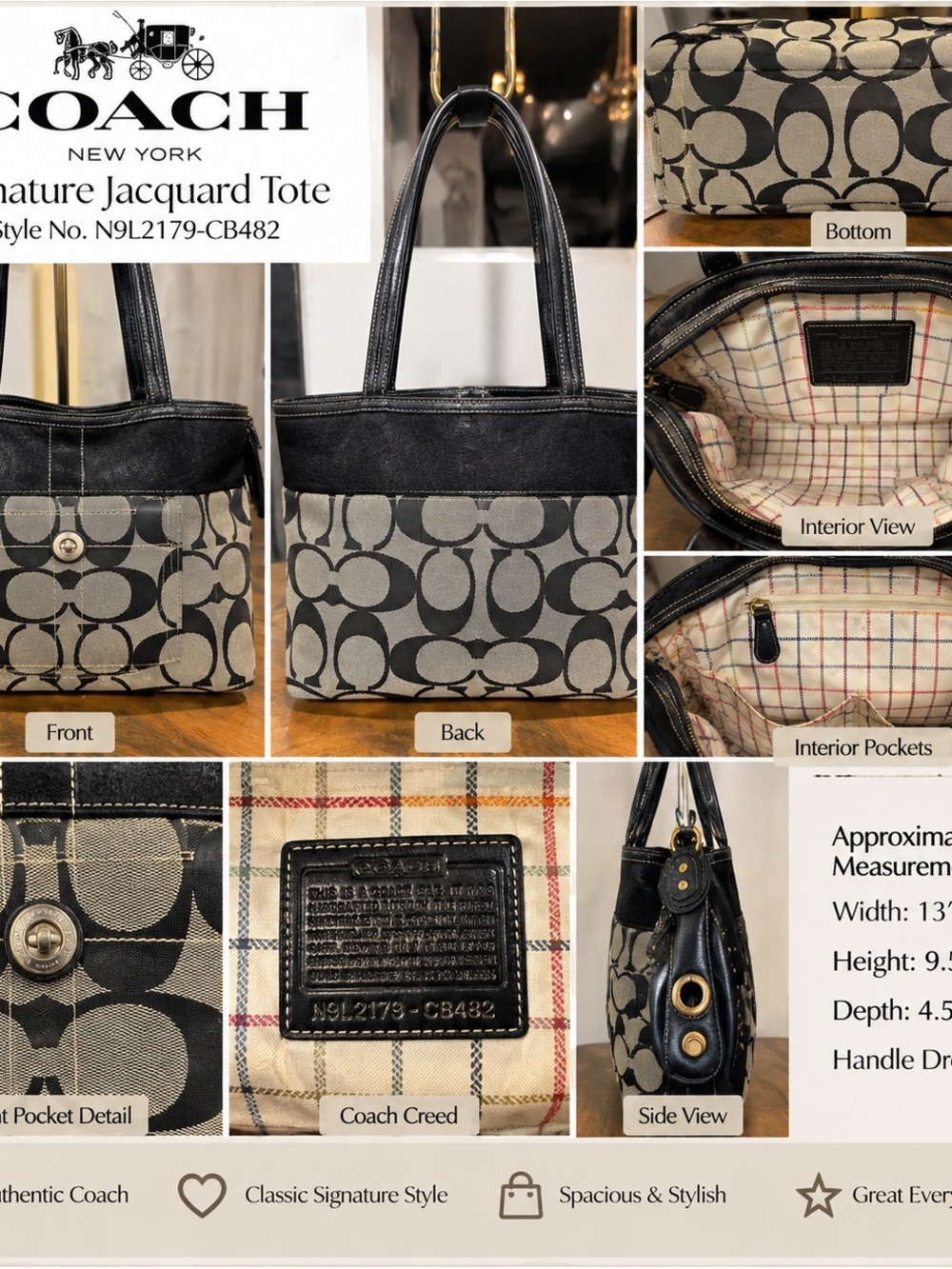 Coach Signature Jacquard Tote Bag Black Khaki Canvas Leather Trim N9L2179-CB482